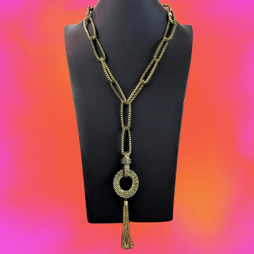 Burnished Gold Tone Box Link Tassel Pendant Statement Necklace